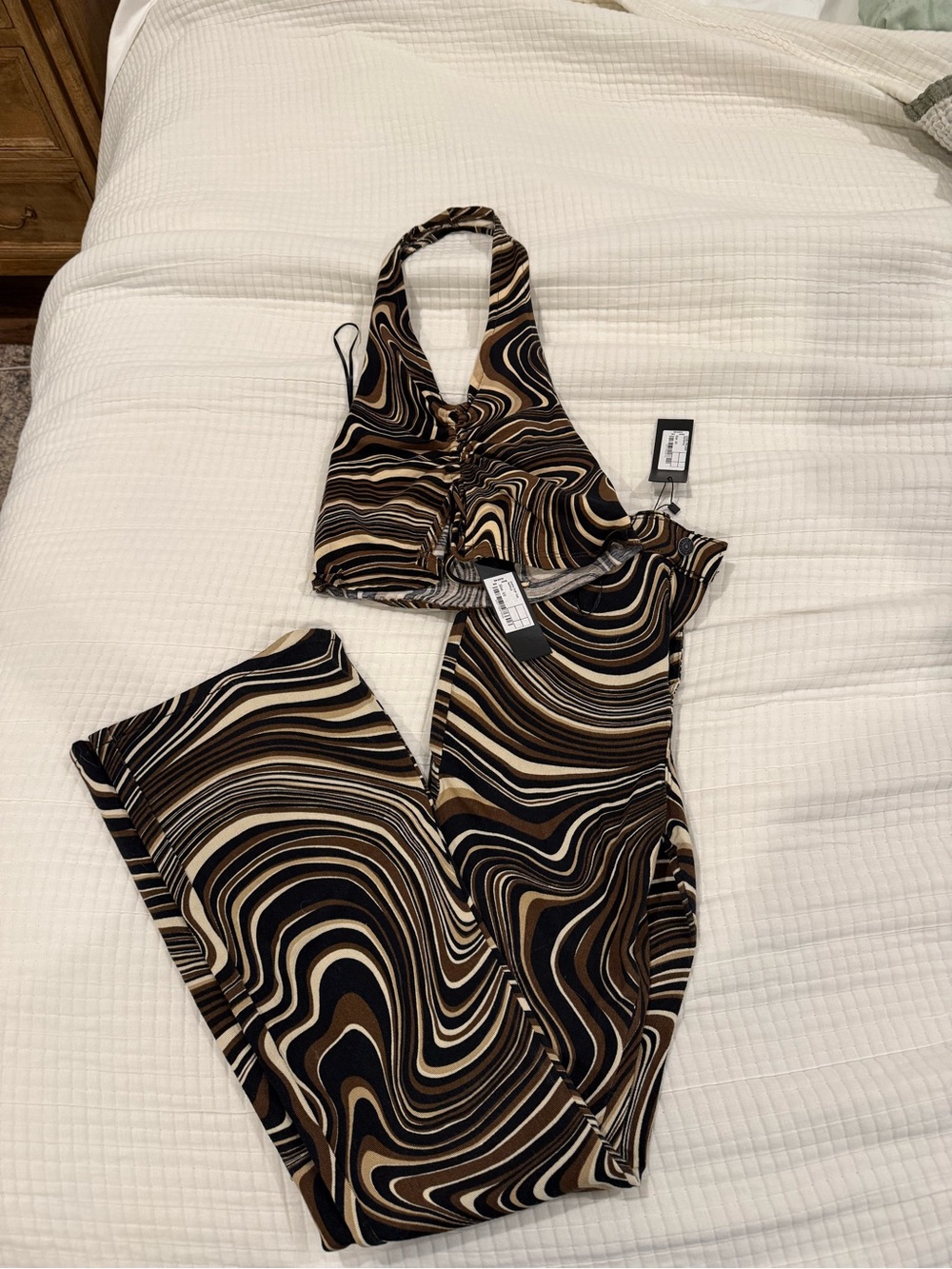 Motel Rocks Halter Crop Top and Matching Pants Set - Brown Black Cream